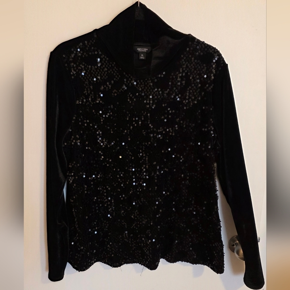 Simply Vera Vera Wang Top Black Sequin Long Sleeve Velvet XL Coquette Maximalist